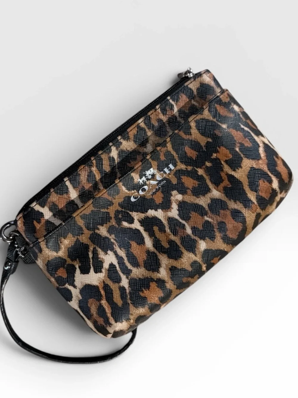 Coach Ocelot Leopard Print Wristlet with Front Pocket - Silver Tone